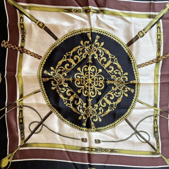 Silk Square Scarf With Nautical Design 21"x21" Black and Gold Neck Purse - Picture 3 of 8